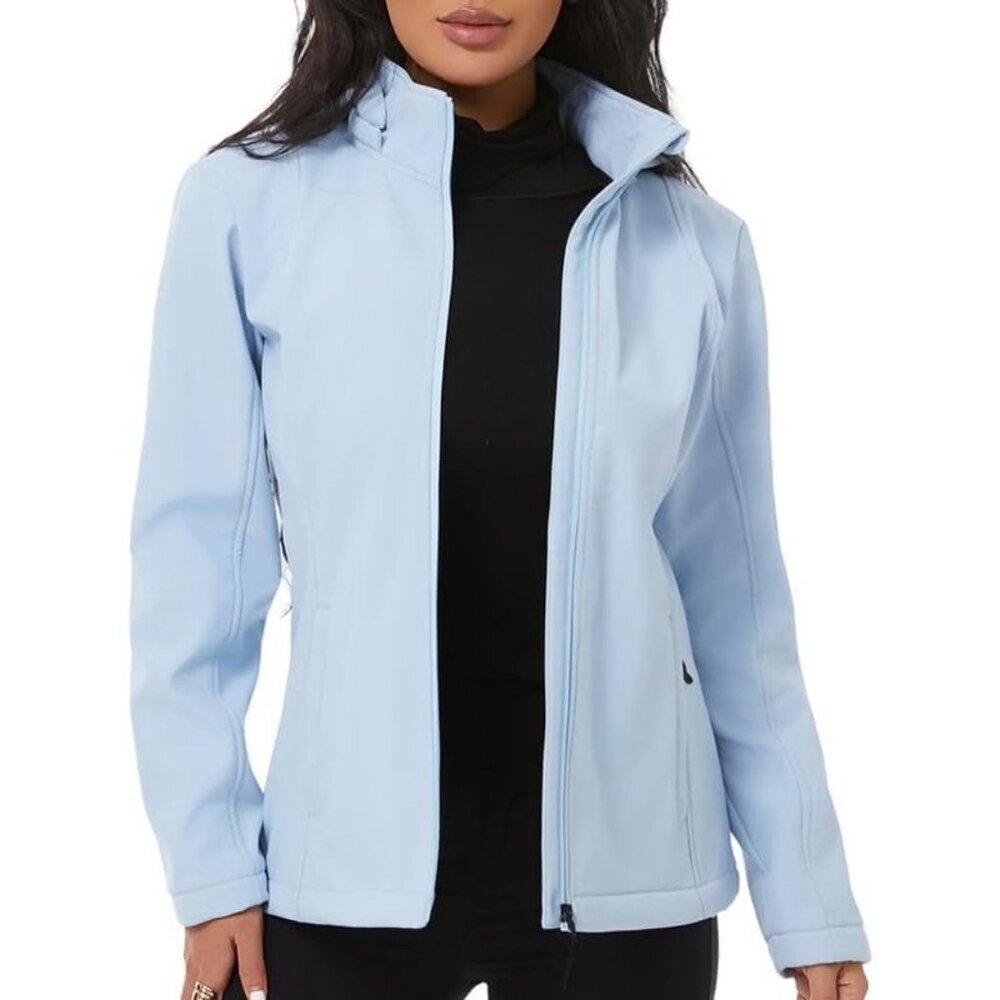 Women's Vest Hooded Jacket Coat Light Blue Fleece Winter Warm Zippered Pockets
